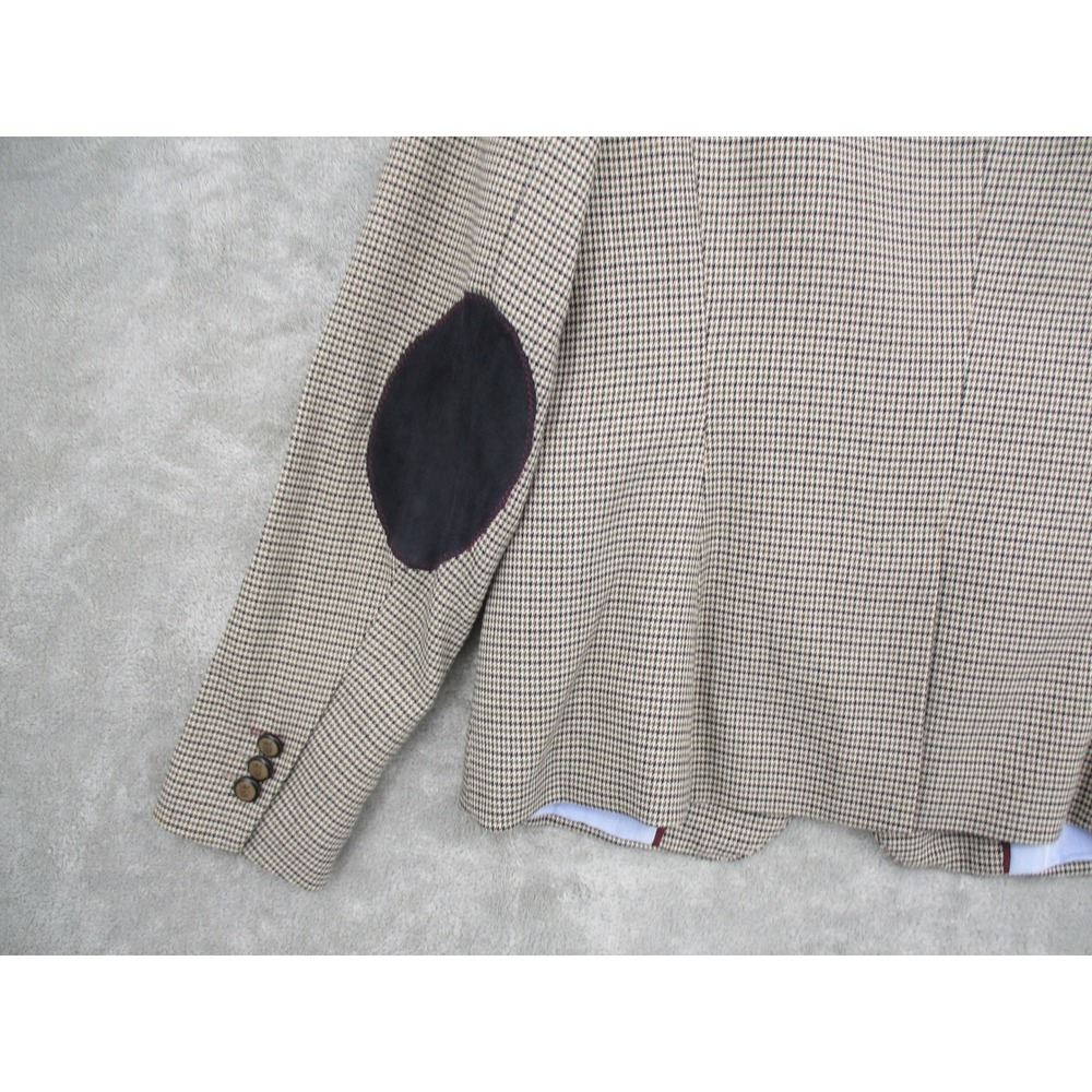 British Khaki Blazer Womens Medium Houndstooth Elbow Patch Academia Preppy Lined - Picture 6 of 10